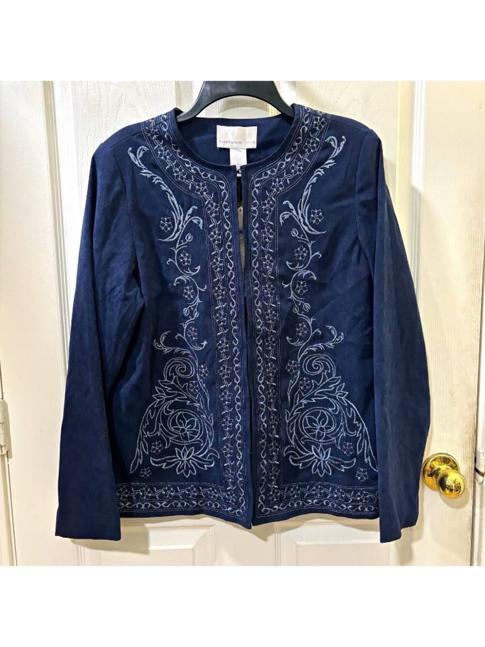Susan Graver Navy blue embroidered lined jacket hook close women medium